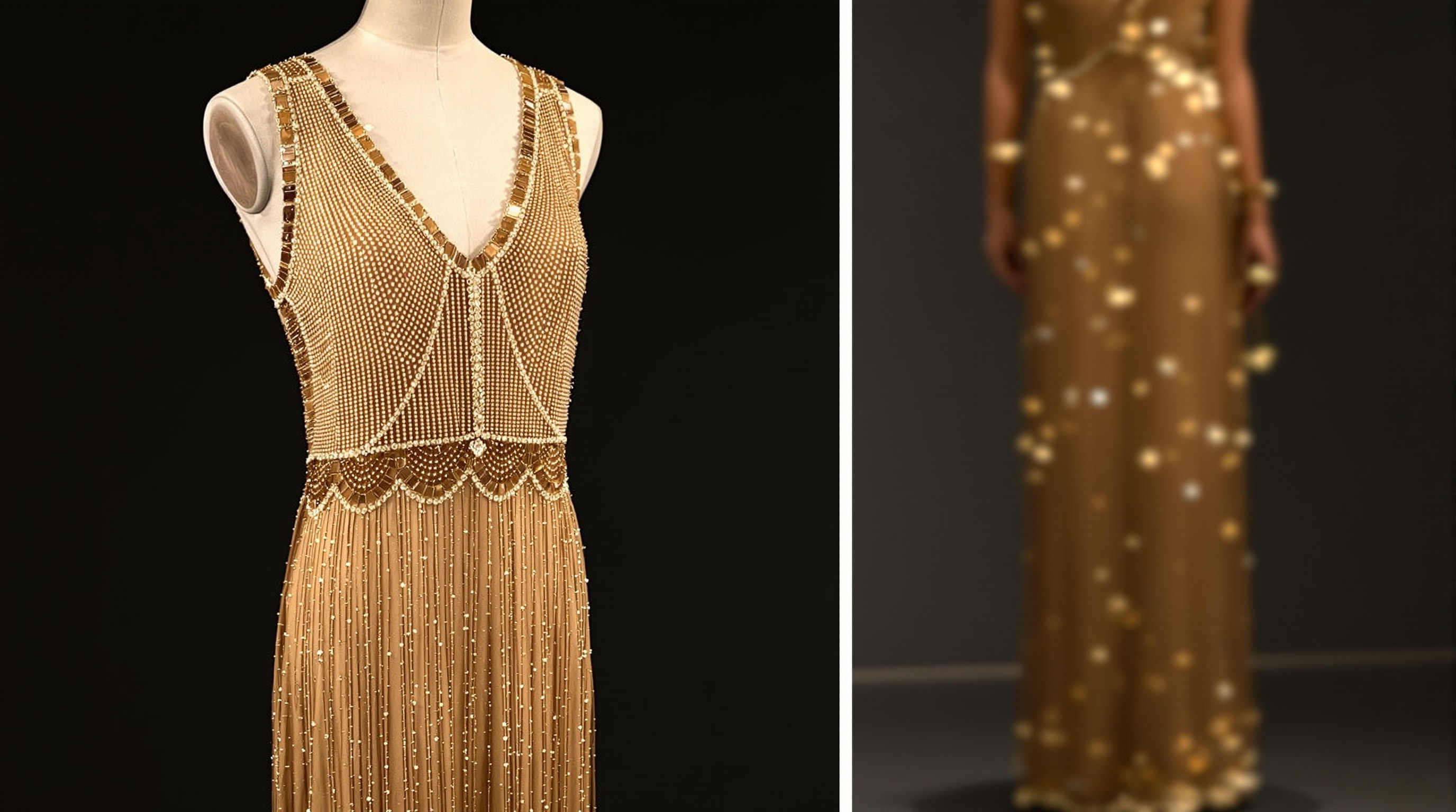 A 1920s dropped-waist beaded chiffon evening dress on a dress form