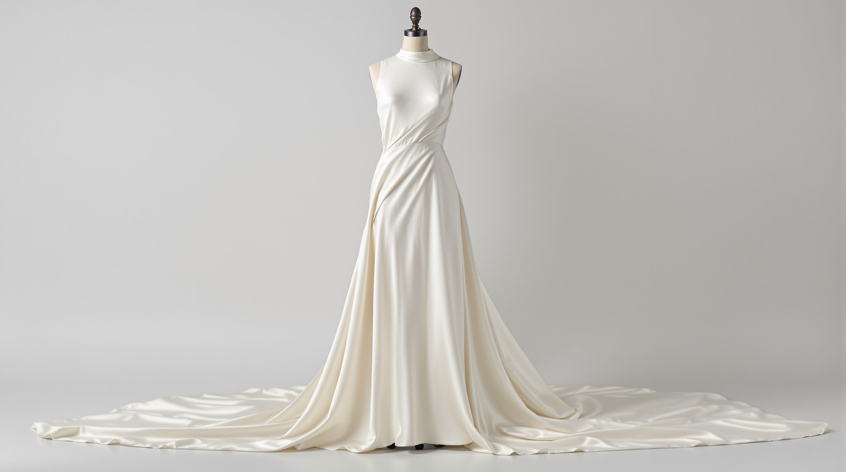 A 1930s bias-cut ivory silk satin gown showing its long fluid drape