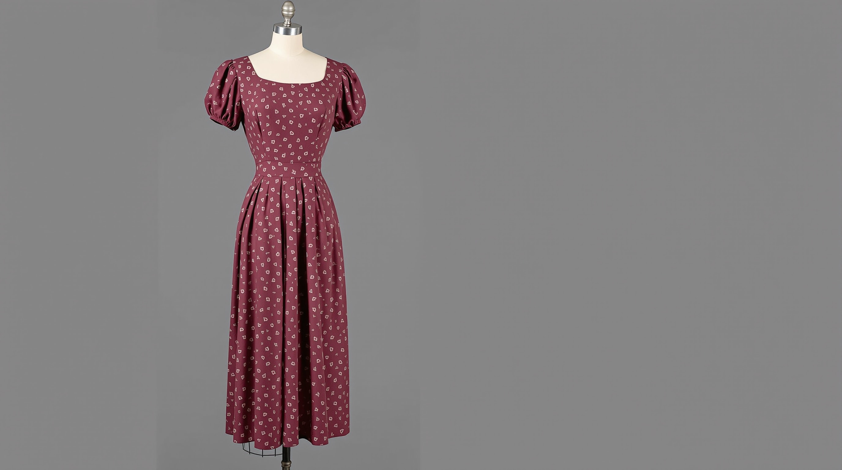 A 1940s wine-red rayon crepe dress with squared shoulders on a dress form