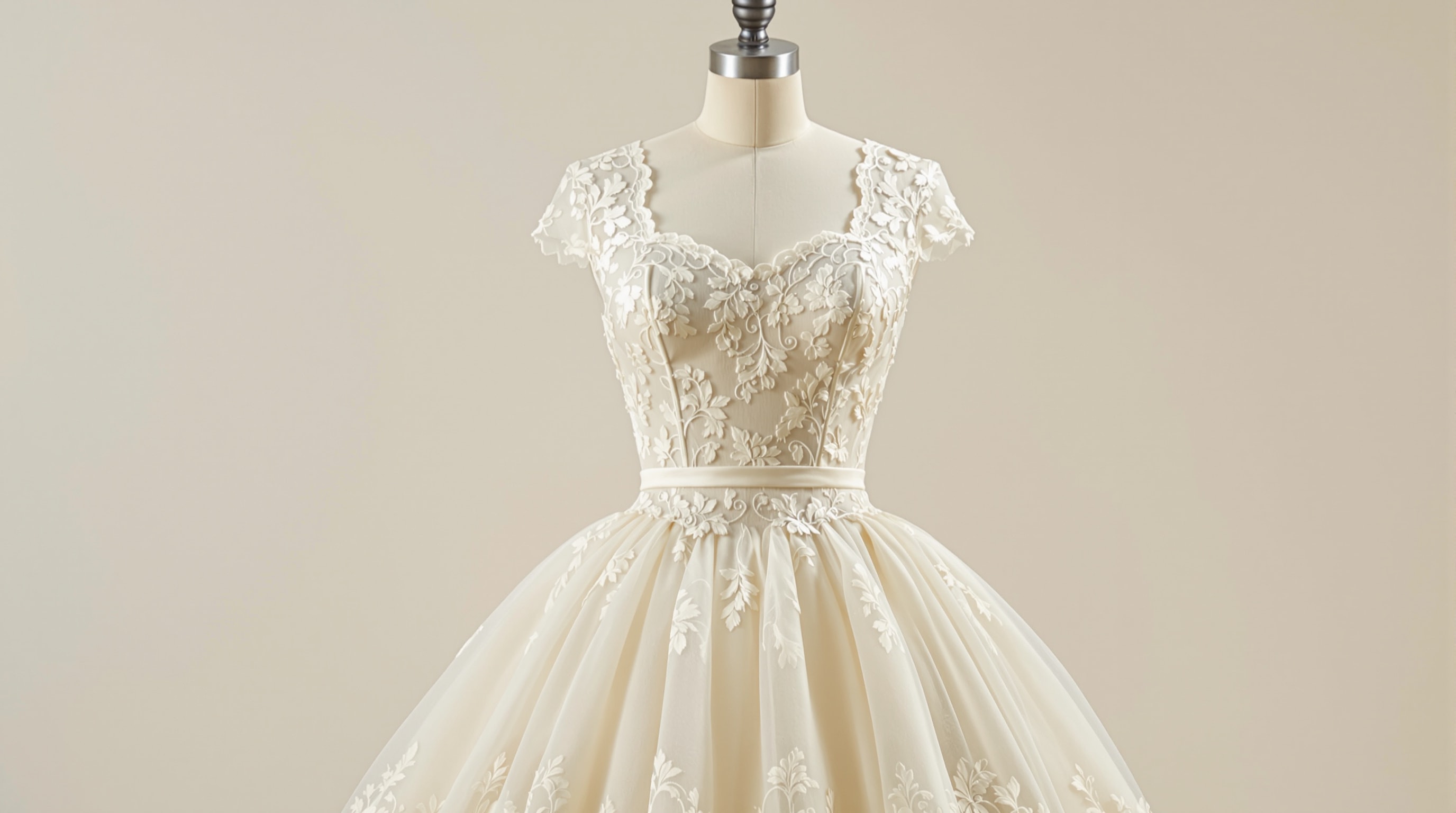 A 1950s ivory lace tea-length wedding dress with a full net-supported skirt