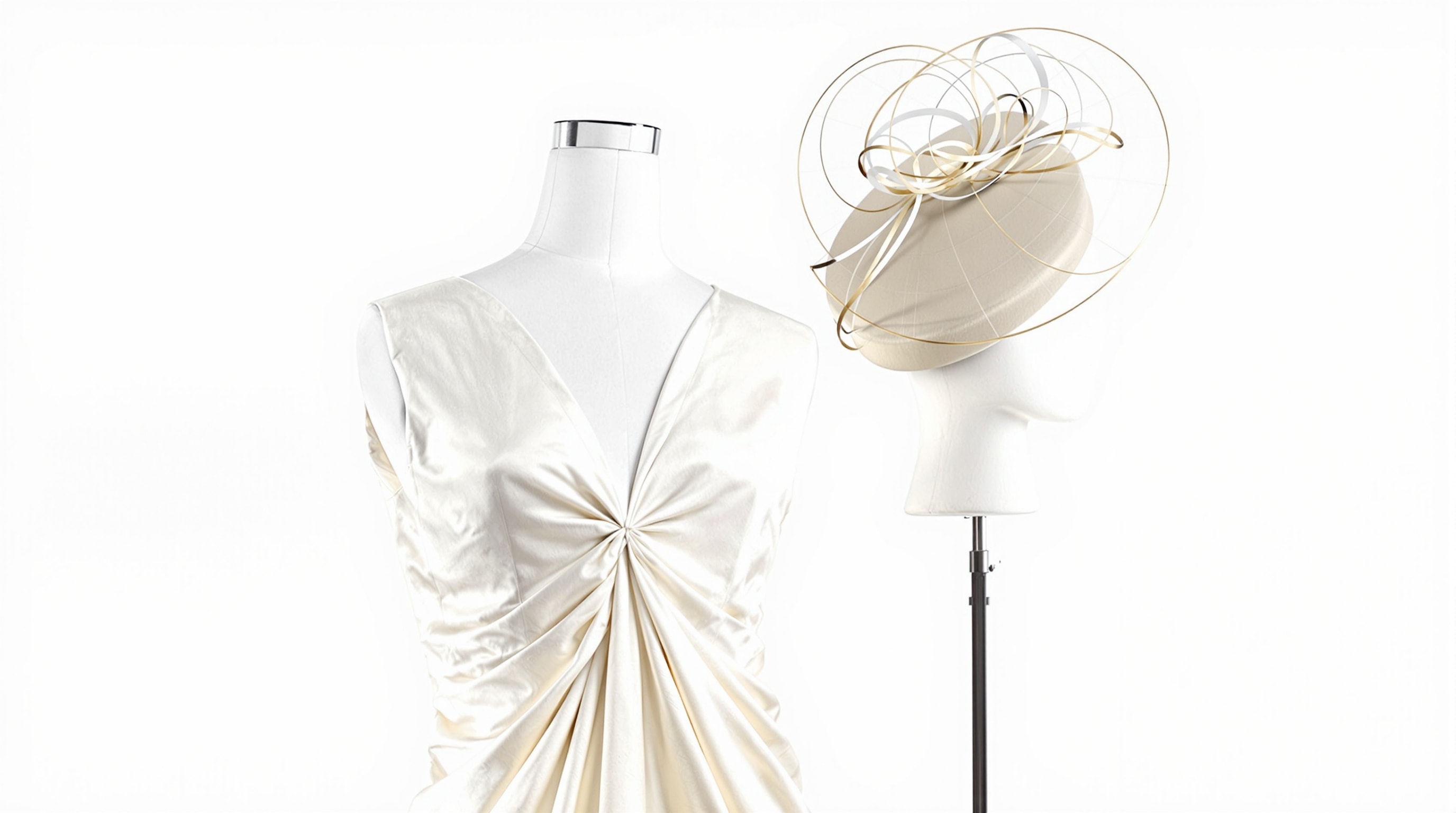 A 1960s ivory empire-line gazar dress with a structured pillbox headpiece