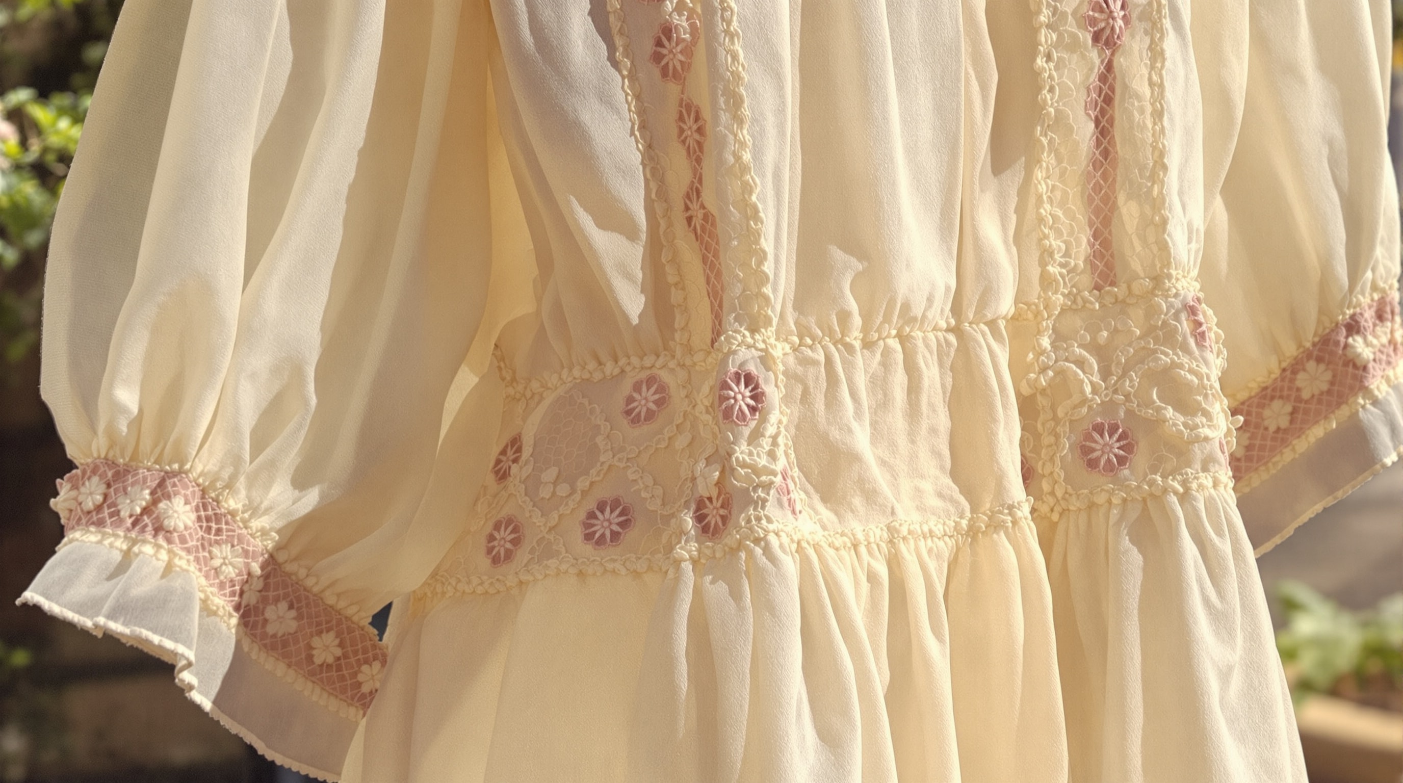 A 1970s cream cotton voile dress with bishop sleeves and lace insertion