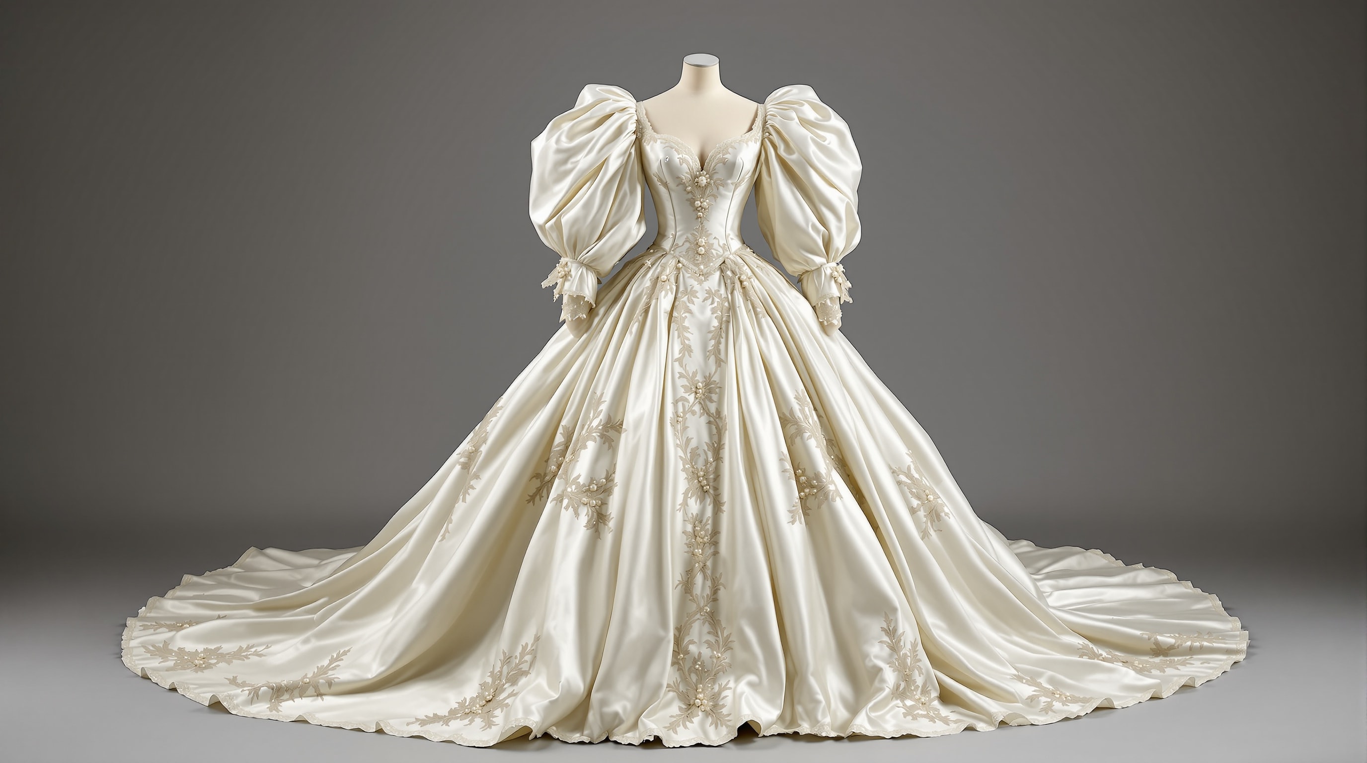 An 1980s ivory taffeta gown with leg-of-mutton sleeves and a full skirt