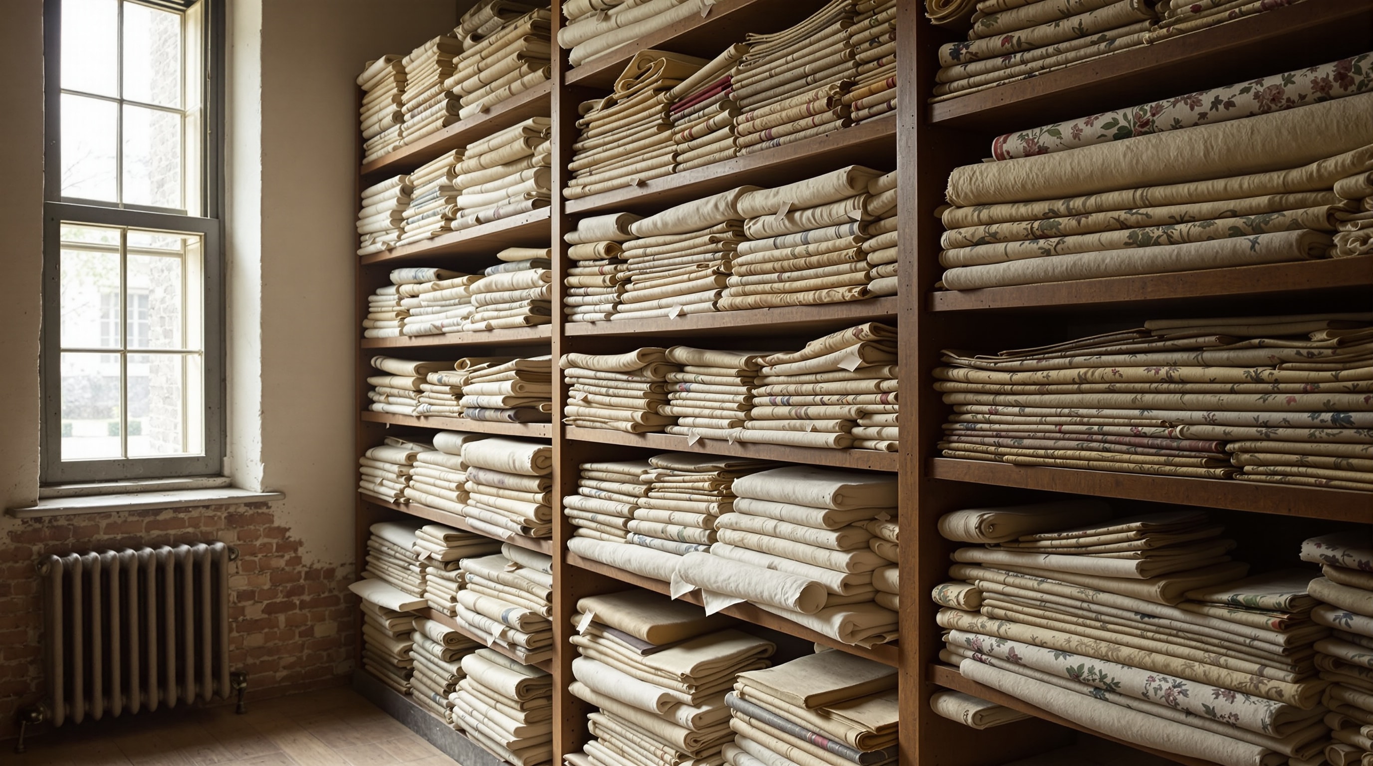 Folded antique textiles and rolled fabric lengths on archive shelving