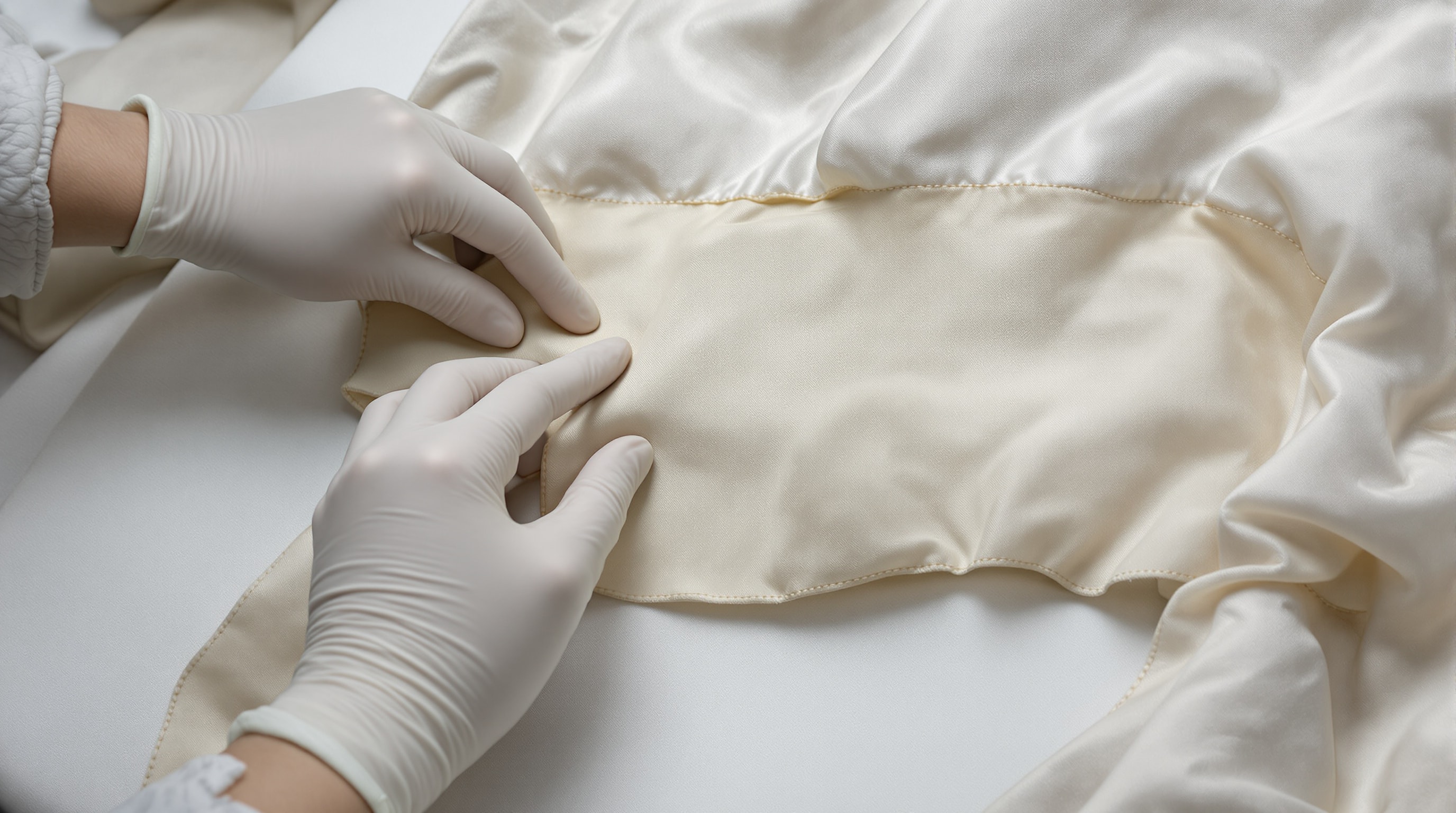 Gloved hands examining the inside seam of an aged ivory silk gown