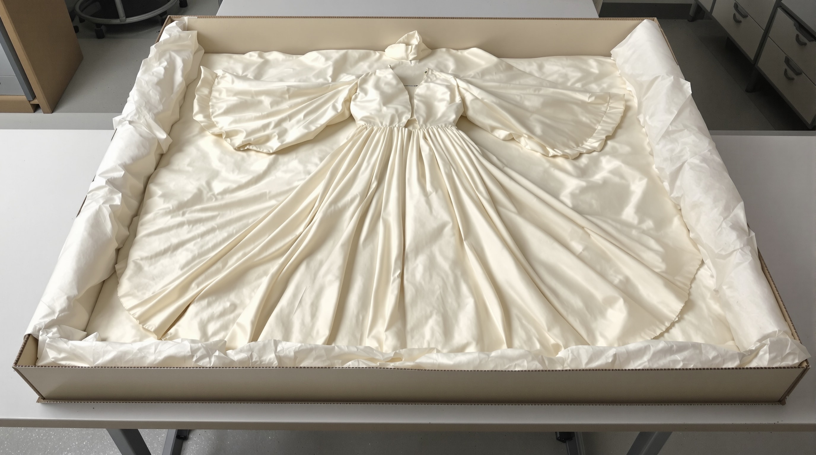 An antique ivory gown laid flat in an archival box with acid-free tissue padding