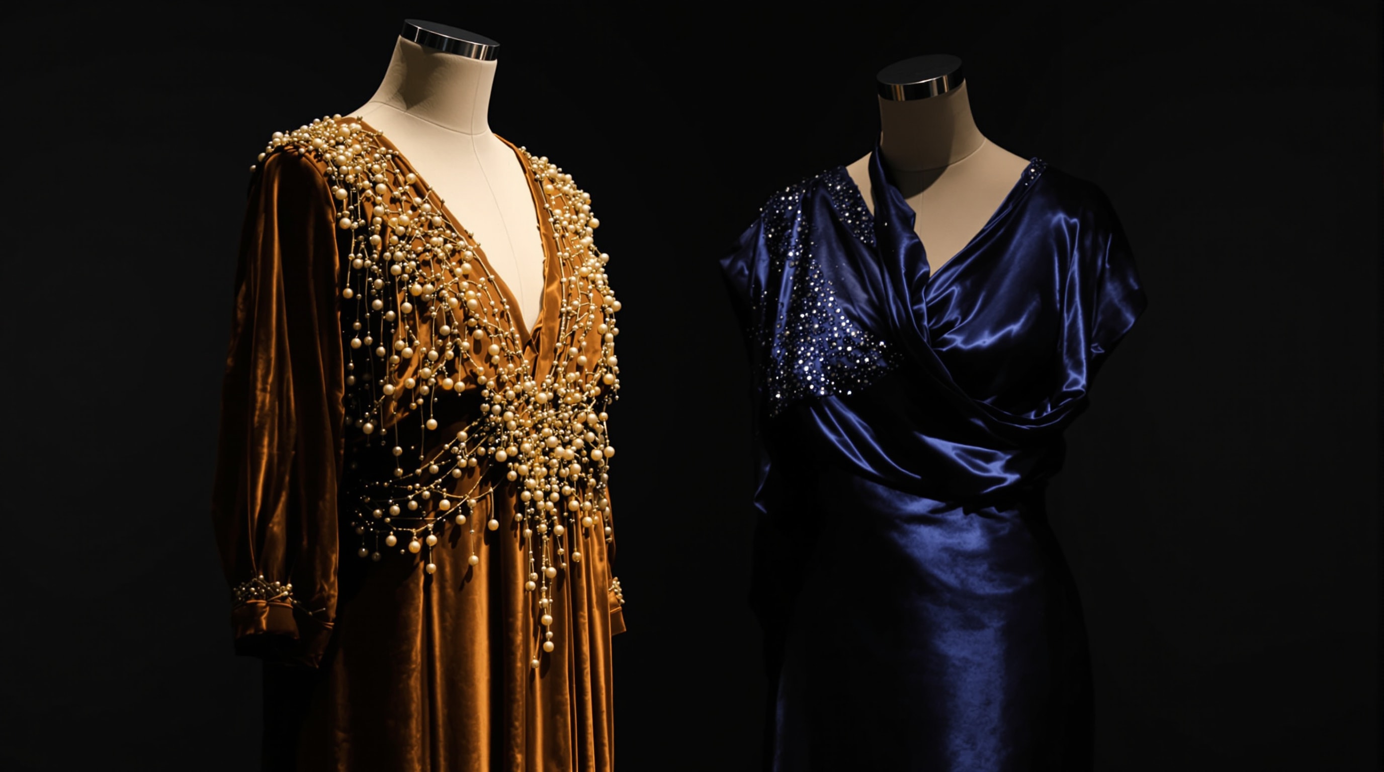 Beaded 1920s and bias-cut 1930s evening gowns lit against a dark background