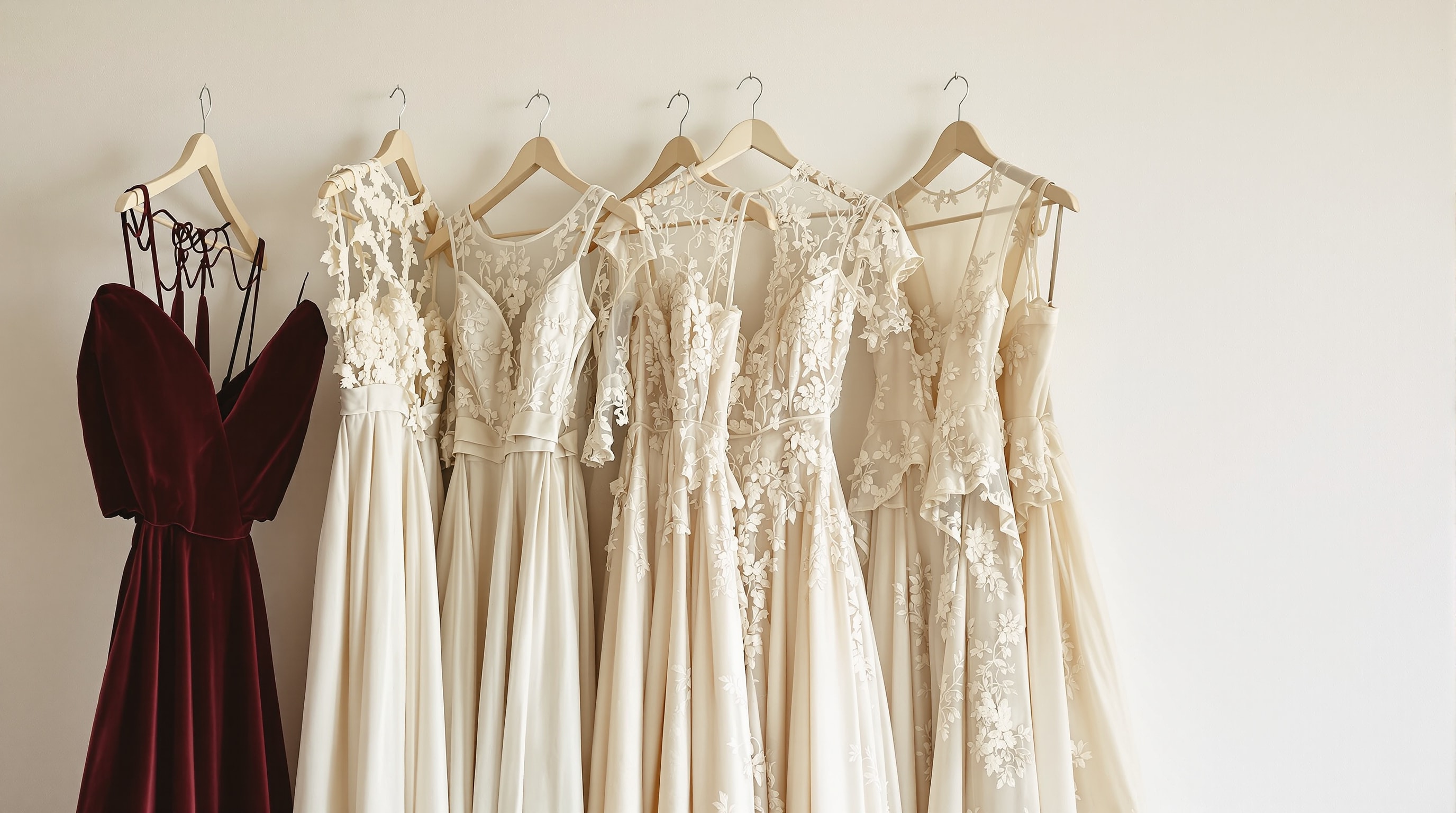 Antique silk and lace gowns hanging in soft daylight against a plain wall