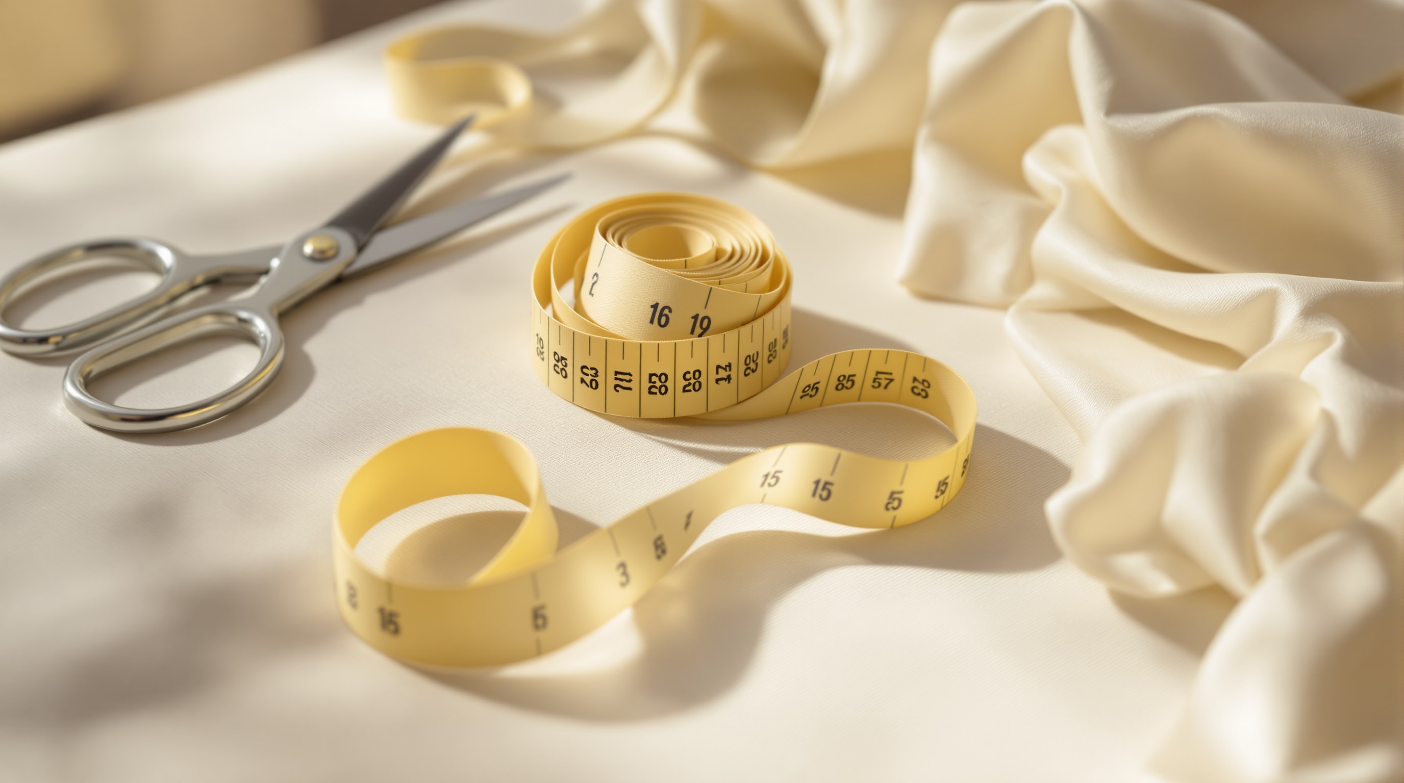 A cloth tape measure, shears and ribbon on a pale linen work surface