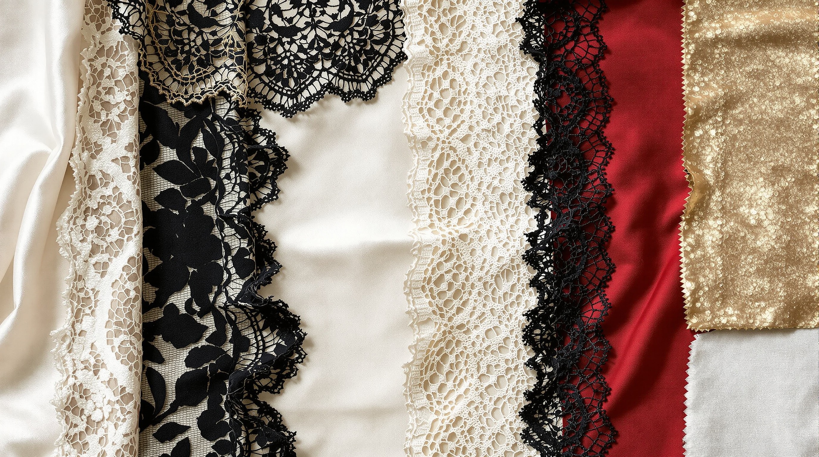 Antique fabric swatches and lace fragments arranged on a pale linen surface