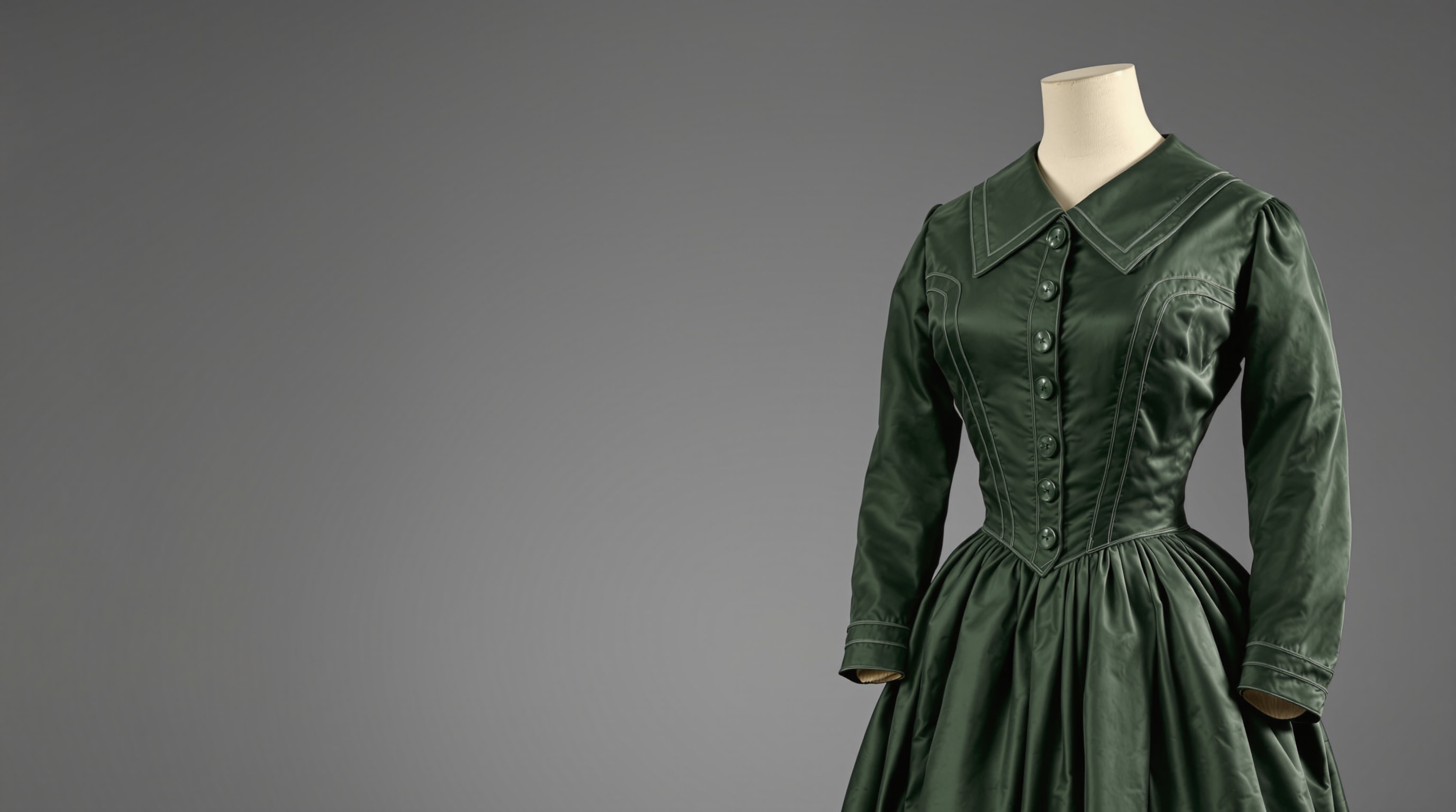 A nineteenth-century dark green silk dress with piped seams on a dress form