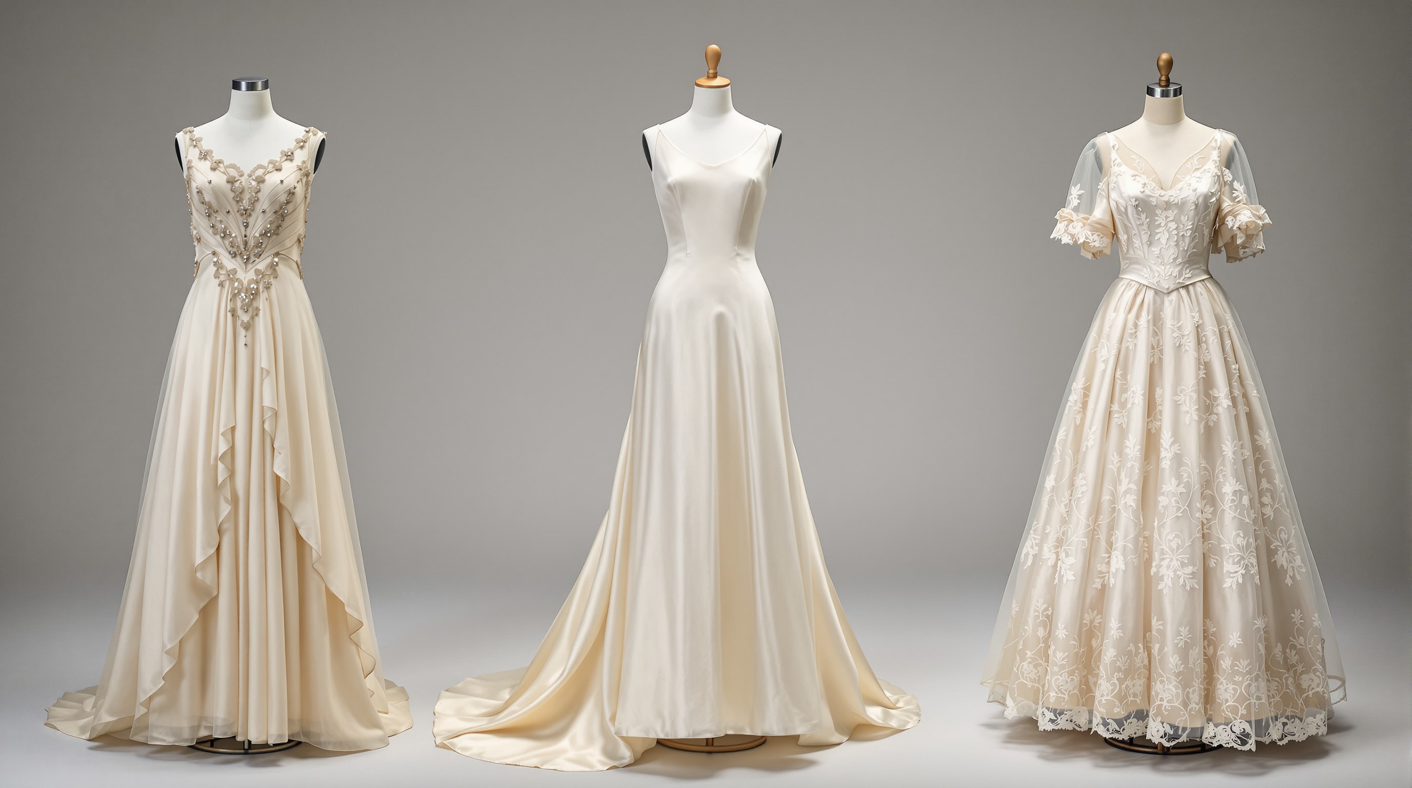Wedding gowns from the 1920s, 1930s and 1950s displayed on dress forms