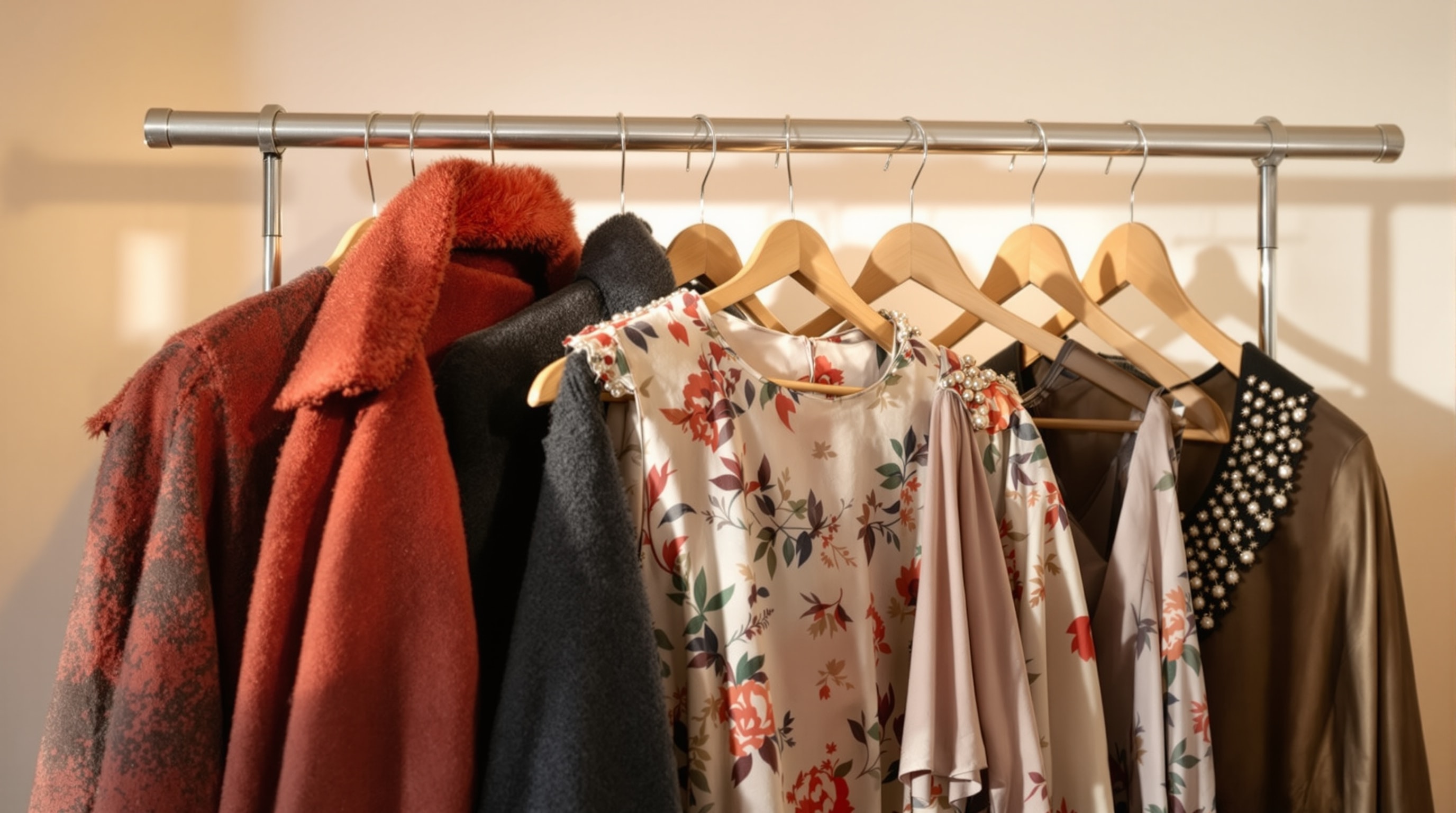 A rail of assorted vintage garments on wooden hangers in warm light