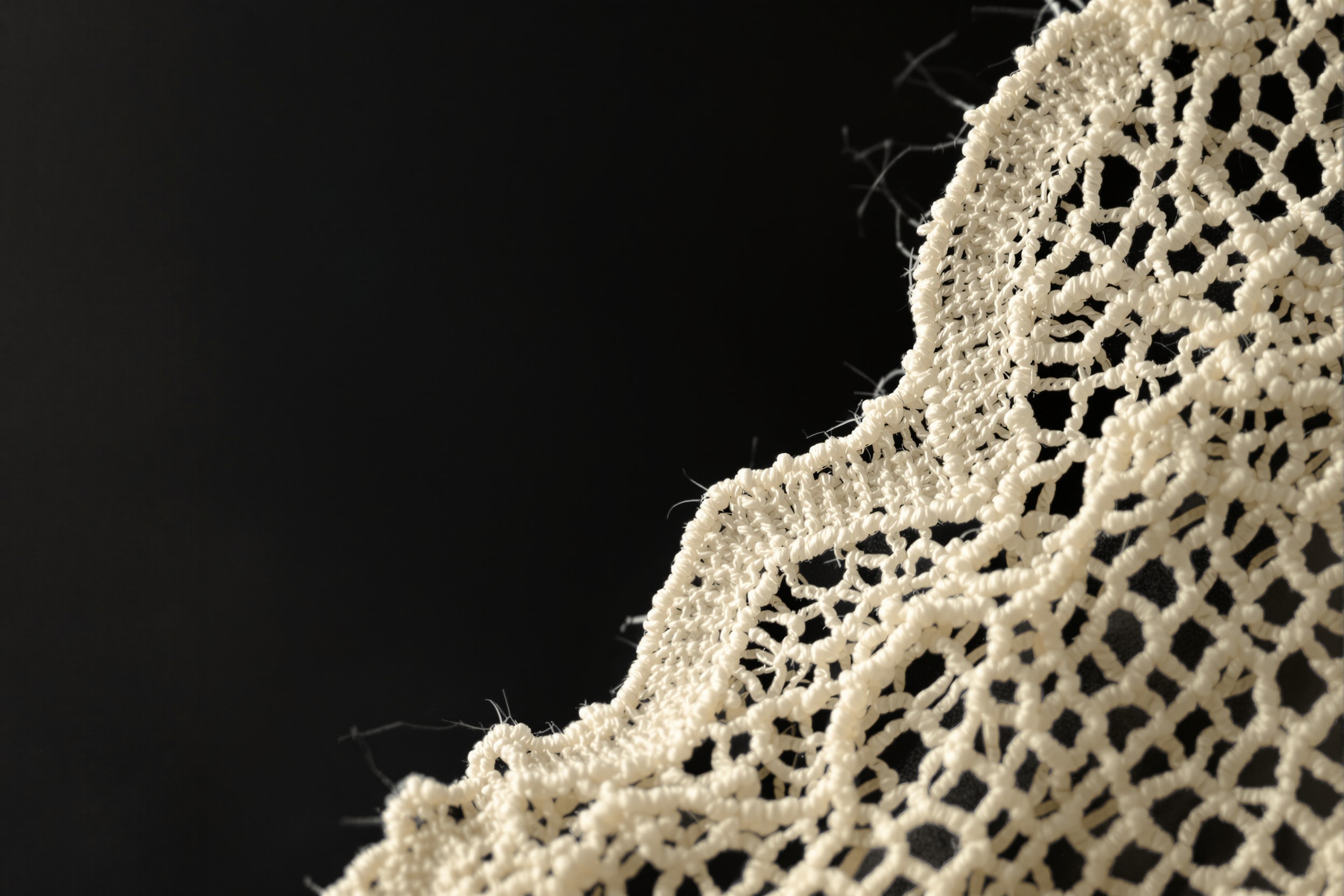 Macro detail of aged ivory needle lace showing its irregular ground