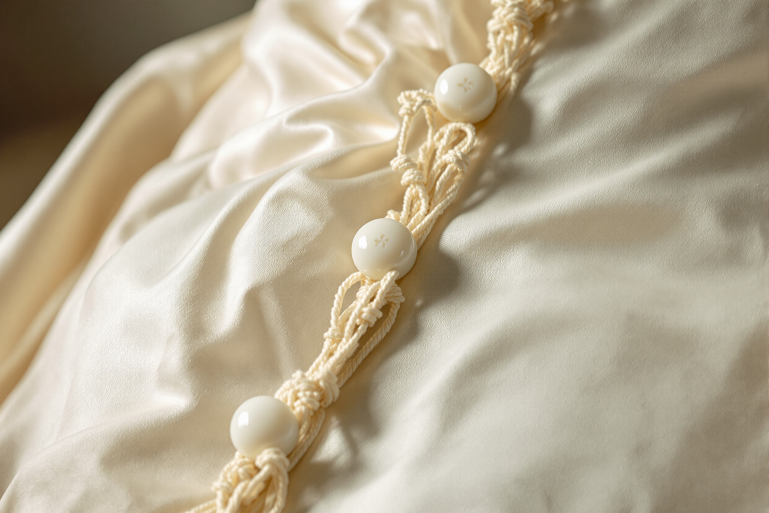 Covered buttons and hand-worked thread loops on an ivory silk bodice